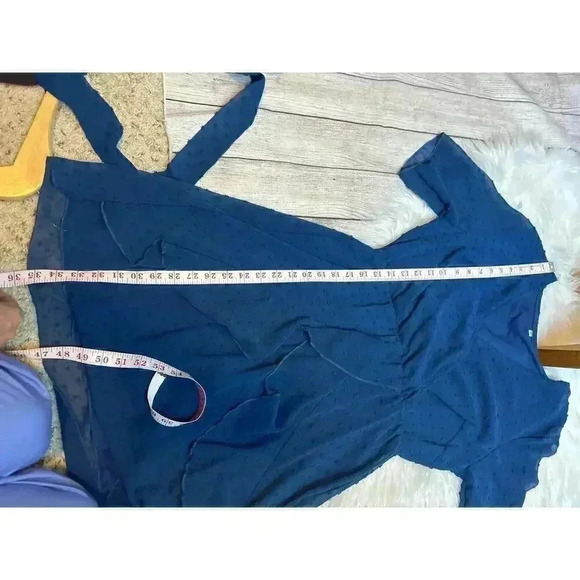 Swiss Dot Faux Wrap Dress with Lining Deep Blue Size S - Picture 10 of 12